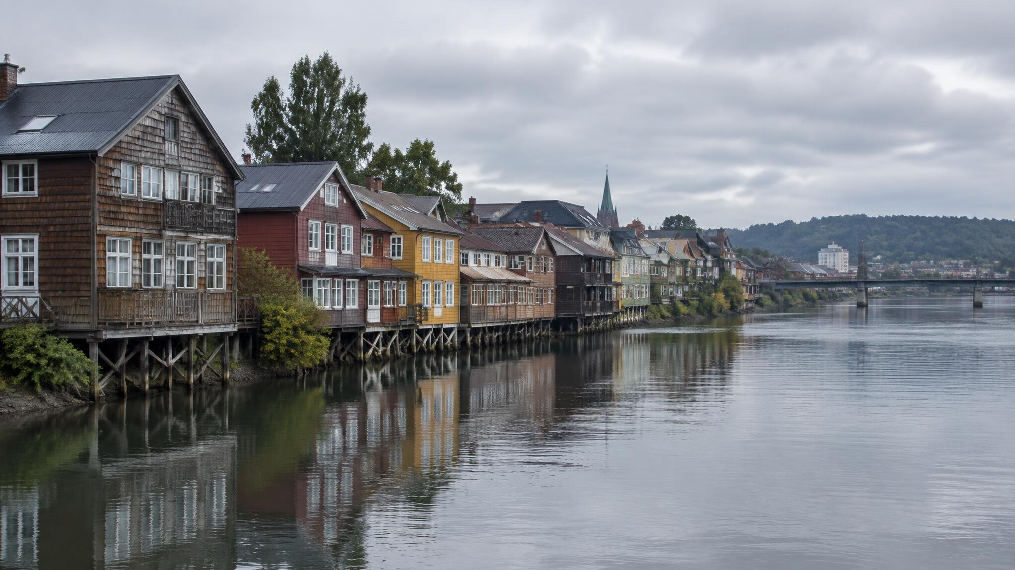 Traditional riverside wooden houses in Valdivia, Chile